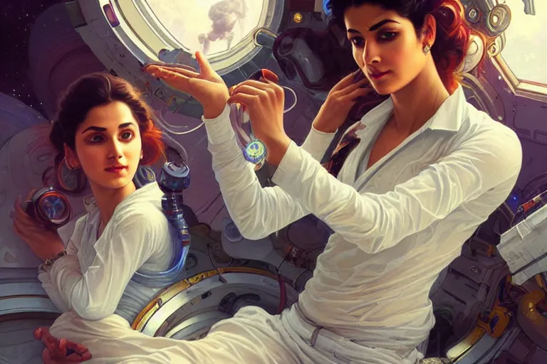 Image similar to Sensuous good looking pale young Indian doctors wearing jeans in a space station above Earth, portrait, elegant, intricate, digital painting, artstation, concept art, smooth, sharp focus, illustration, art by artgerm and greg rutkowski and alphonse mucha