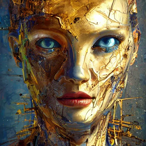 Prompt: human 3 d by pantokrator, beautiful sexy woman head made of mech mask rendered in unreal engine, nanotechnology, golden cyberntic vessels coming from core processor, contrast, painted by david burliuk | bernard buffet | carne griffiths | stanislaw lem