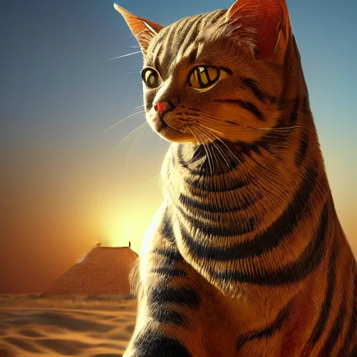 Image similar to egyptian cat, golden hour, fantasy, sharp focus, digital art, hyper realistic, 4 k, unreal engine, highly detailed, hd, dramatic lighting by brom, trending on artstation