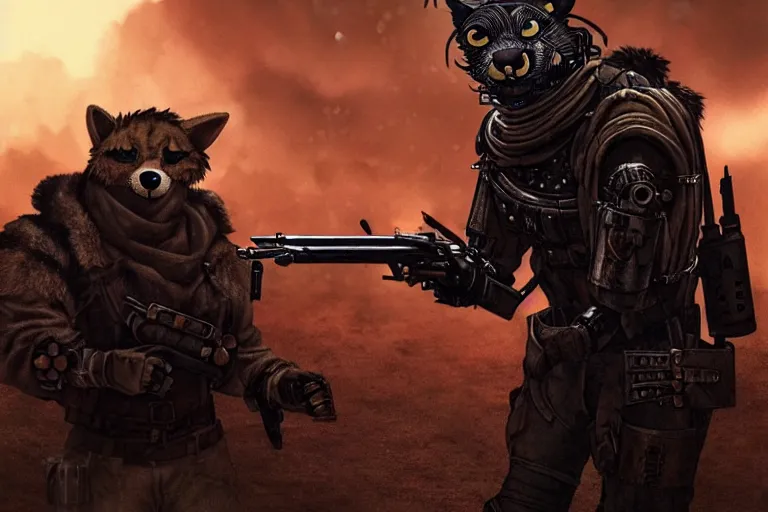 Image similar to a fursona ( from the furry fandom ), heavily armed and armored facing down armageddon in a dark and gritty version from the makers of mad max : fury road. witness me.