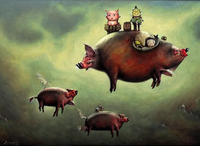Prompt: detailed oil painting of flying pigs by marc simonette and alexander jansson, concept art