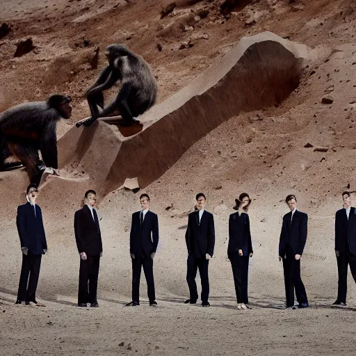 Image similar to Contamporary art fashion photography of ultra mega super hyper realistic detailed group of monkey's in suits standing around very highly detailed Obsidian monolith in the desert