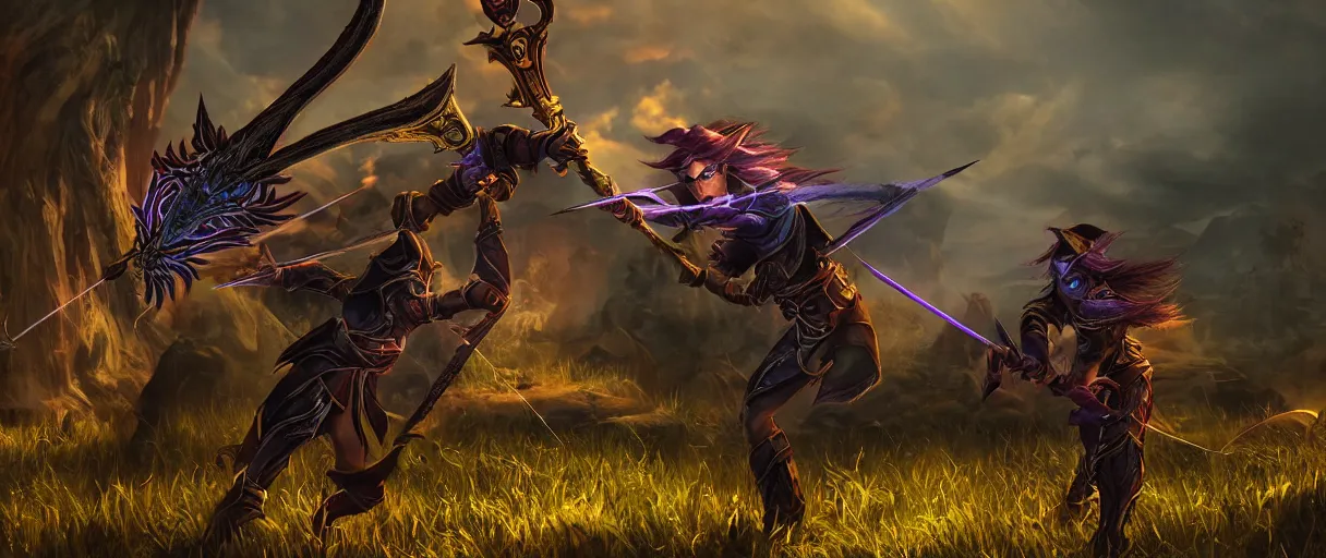 Image similar to a night elf hunter casting magic arrows with ravager pet lord dramatic lighting cinematic establishing shot extremely high detail foto realistic cinematic lighting post processed