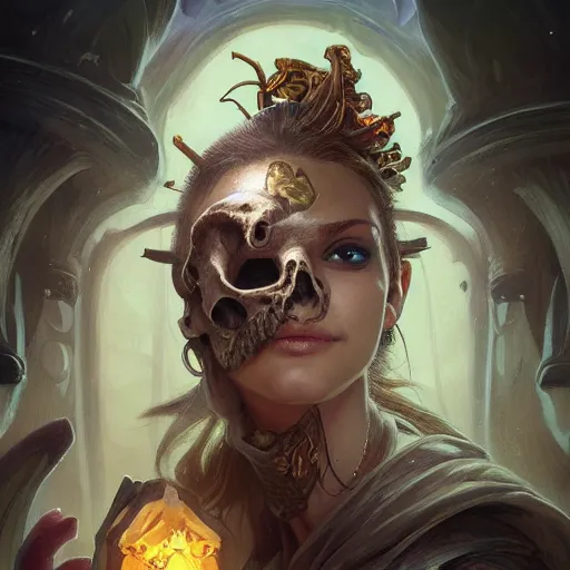 Image similar to a mind - blowing portrait of rayman wearing a human skull, deep focus, d & d, fantasy, intricate, elegant, highly detailed, digital painting, artstation, concept art, matte, sharp, illustration, hearthstone, art by artgerm and greg rutkowski and alphonse mucha