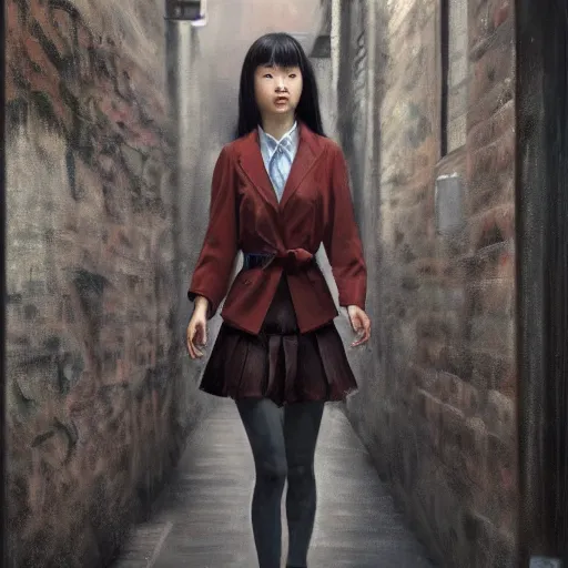 Prompt: a perfect, realistic professional oil painting in romanticism style, of a Japanese schoolgirl posing in a dystopian alleyway, close-up, by a professional American senior artist on ArtStation, a high-quality hollywood-style concept