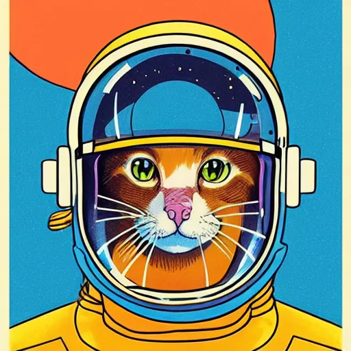 Image similar to symmetrical reflections, cat in space helmet by Eli Mendelson and Jenn Martin james gurney artstation trending artist in the style of studio Ghibli and 1960s americana Comics, HQ 8k scan