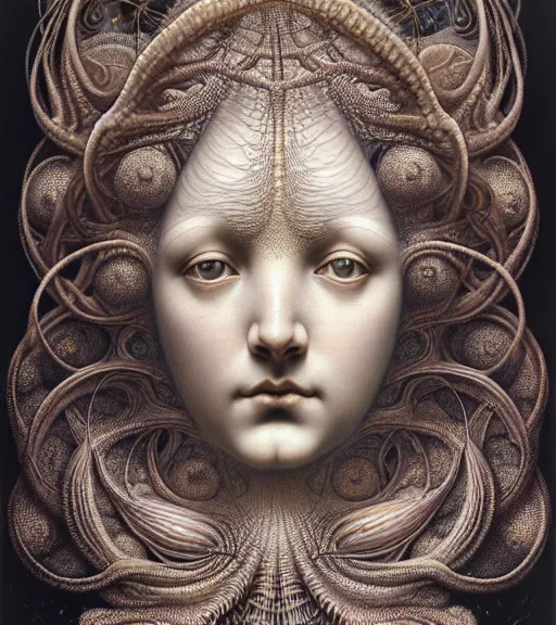 Image similar to detailed realistic beautiful pearl goddess face portrait by jean delville, gustave dore, iris van herpen and marco mazzoni, art forms of nature by ernst haeckel, art nouveau, symbolist, visionary, gothic, neo - gothic, pre - raphaelite, fractal lace, intricate alien botanicals, ai biodiversity, surreality, hyperdetailed ultrasharp octane render