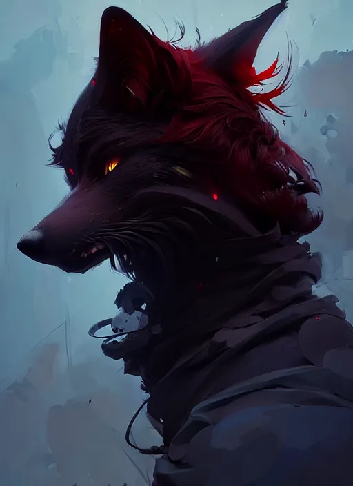 Image similar to award winning portrait of a male anthropomorphic black wolf long red hair. character design by cory loftis, fenghua zhong, ryohei hase, ismail inceoglu and ruan jia. artstation, artistic lighting, highly detailed, photorealistic, fantasy