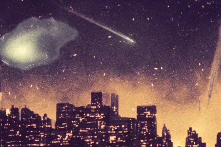 Prompt: cinematic shot of a comet hitting New York City. Riots and panic.