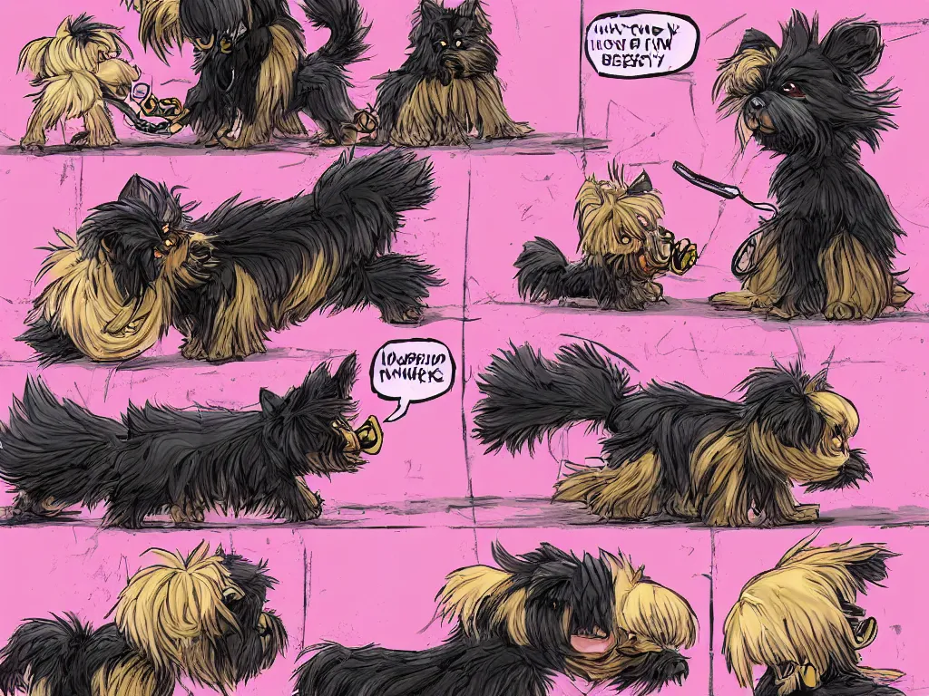 Image similar to a 4 panel comic strip of a lonely black and caramel Yorkshire Terrier, fighting with a pink rubber monkey in a cyberpunk, post apocalyptic Tokyo, D&D, fantasy, highly detailed, digital painting, artstation, concept art, smooth, sharp focus, illustration, art by Bill Sienkiewicz