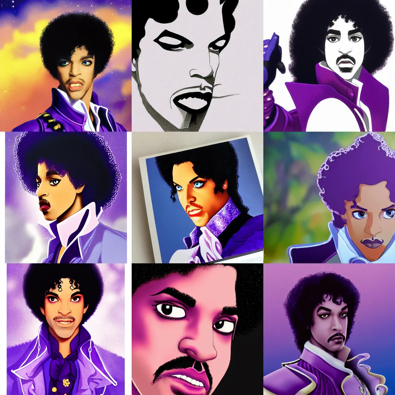 Prompt: a disney film still of prince from purple rain, finely detailed features, closeup of the face, perfect art, dusk, blue hour, gapmoe yandere grimdark, trending on pixiv fanbox,