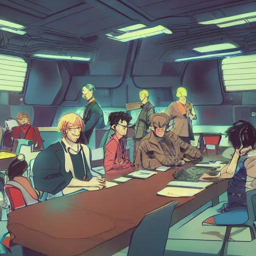 Prompt: a group of people sitting next to each other in a room, concept art by otomo katsuhiro, behance contest winner, retrofuturism, toonami, redshift, official art