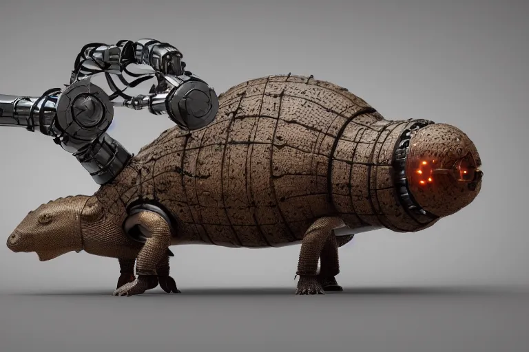 Prompt: an industrial design render of an advanced robotic biomorph armadillo behind a snail, industrial, biomimetic, bionic, steampunk, 3D octane render, 8K, artstation