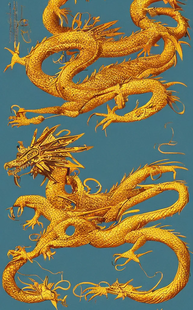 Prompt: a poster in the style of polish school of posters jan lenica for'the curator'- a matte painting depicting a golden dragon