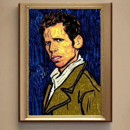 Image similar to a golden god, dennis reynolds, sitting in a throne in a kitchen in the style of van gogh