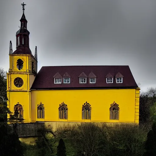 Prompt: a large yellow building with a steeple on top of it, a flemish baroque by karl stauffer - bern, unsplash, heidelberg school, panorama, wimmelbilder, on a hill, sadness, dark ambiance, by banksy