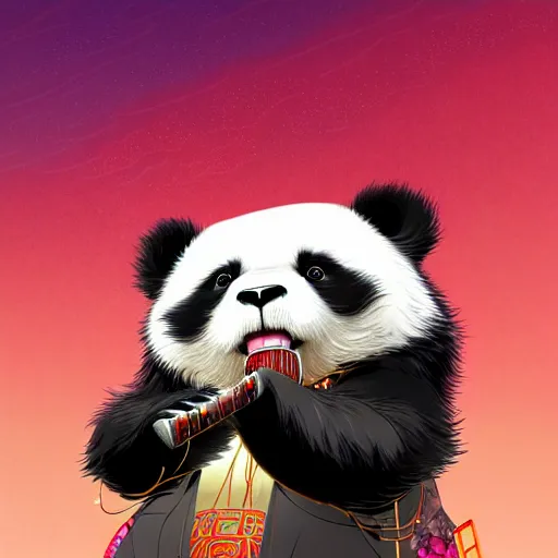 Image similar to a beautiful hyperdetailed character design 4 k wallpaper illustration of a cute panda with a chinese lion dance head victo ngai cyberpunk style, from china, style of studio ghibli, makoto shinkai, raphael lacoste, louis comfort tiffany, artgerm, james jean, ross tran, chinese style