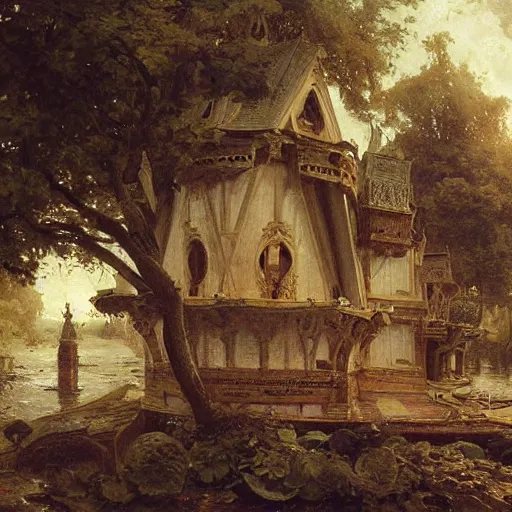 Prompt: detailed painting of a living pod architecture, filigree ornaments, andreas achenbach