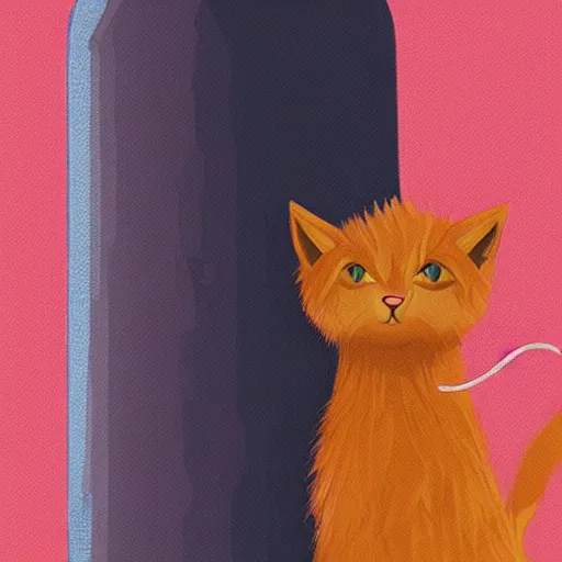 Prompt: a fluffy cat standing next to a bottle of medicine. orange cat. animal. digital art. artstation. illustration. wide image.