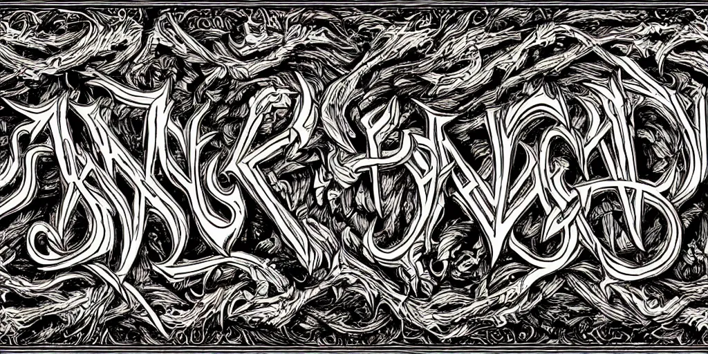 Prompt: the word subsume in death metal typeface, symmetrical, super detailed
