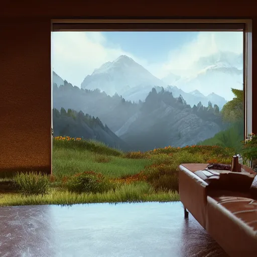 Image similar to alpine landscape with windy road and modern houses designed by frank lloyd wright scattered on the mountainsides, photo realism, dramatic lighting, from a dream, high quality digital art, unreal engine