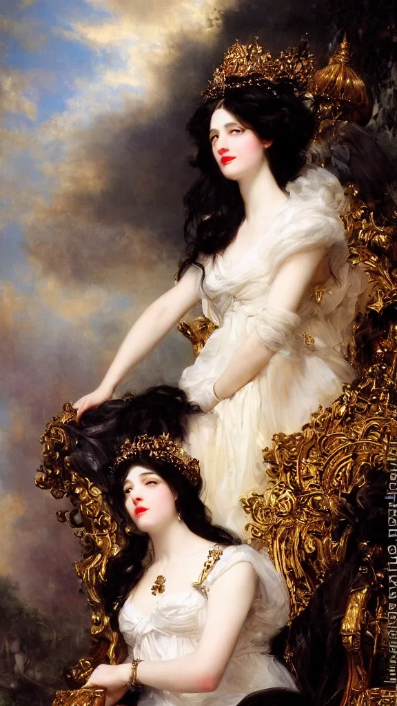 Image similar to a beautiful black haired woman with pale skin and a crown on her head sitted on an intricate metal throne by franz xaver winterhalter and delphin enjolras and rebecca guay