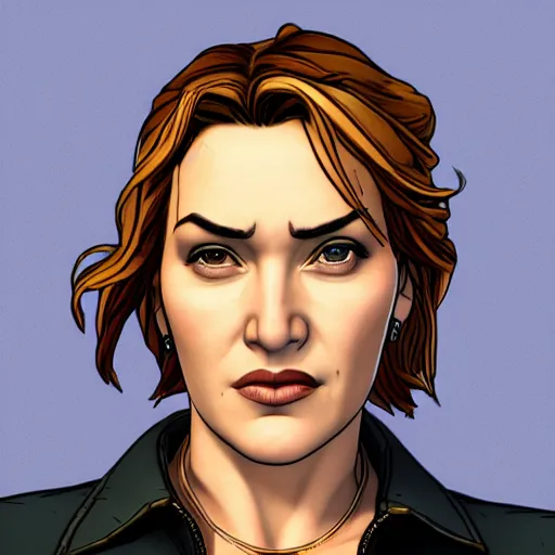 Image similar to kate winslet portrait, borderlands, tales from the borderlands, the wolf among us, comic, cinematic lighting, studio quality, 8 k