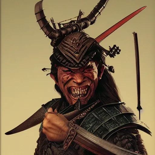 Prompt: head and shoulders photo portrait of a samurai hobgoblin, d & d, fantasy, greg rutkowski, frank frazetta, alexandre chaudret, boris vallejo, michael whelan, miro petrov, hr giger, magali villeneuve, donato giancola