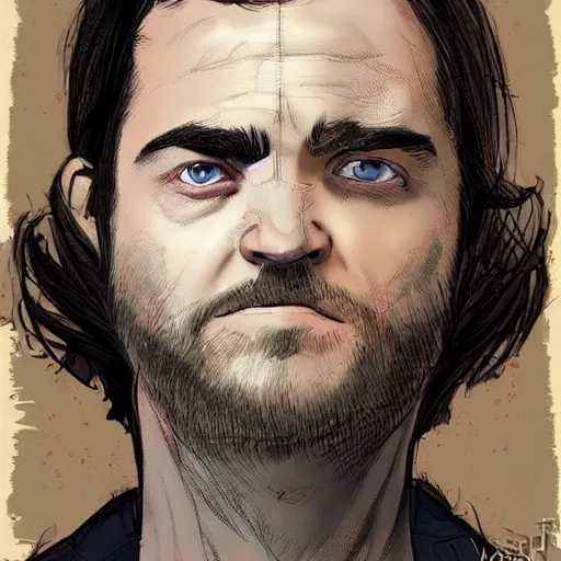 Prompt: beautiful portrait of a man with a short-beard blue eyes(looking like joshua jackson and aaron paul, sean bean), in the style of Enki Bilal and Joe Jusko and Alex Ross, trending on artstation