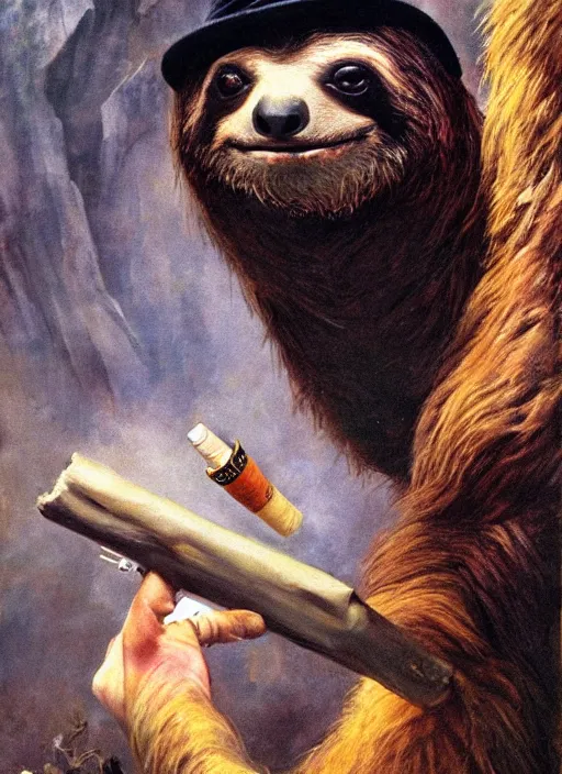 Image similar to ultra realistic portrait painting of a stoner as a sloth smoking a lit joint, art by frank frazetta, 4 k, ultra realistic, highly detailed, epic lighting