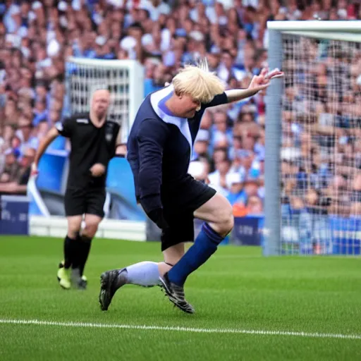 Prompt: a photo of Boris Johnson playing soccer in a Premier League match