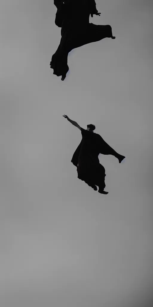 Prompt: a man, floating in the air, billowing cloak, drawn by nicholas delort!! graphic black and white, low camera, wide angle, centered composition, golden ratio