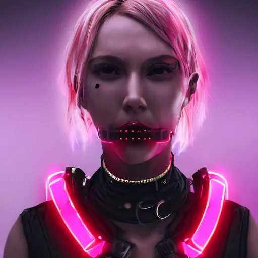 Image similar to detailed realistic cyberpunk female character cyberpunk wearing steel collar around neck, realistic, art, beautiful, 4K, collar, choker, collar around neck, punk, artstation, detailed, female, woman, choker, cyberpunk, neon, punk, collar, choker, collar around neck, thick collar, choker around neck, wearing choker, wearing collar, bright neon punk hair,