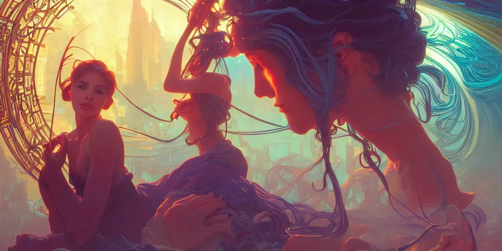 Image similar to into the void, neon, intricate, highly detailed, digital painting, artstation, concept art, smooth, sharp focus, illustration, Unreal Engine 5, 8K, art by artgerm and greg rutkowski and alphonse mucha, by Jesper Ejsing, by RHADS, Makoto Shinkai and Lois van baarle, ilya kuvshinov, rossdraws