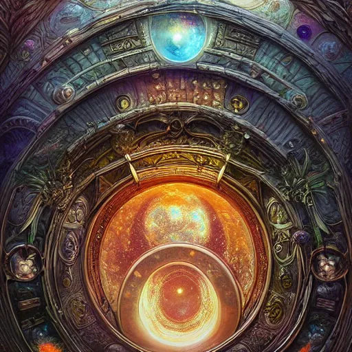 Image similar to highly detailed, intricate beautifully stunning cosmic Kinocorium in the middle of a keyhole portal overlooking the Succularium by Andrei Riabovitchev, Shaun Tan and Peter Mohrbacher. stunning atmosphere, firery prismatic orbs