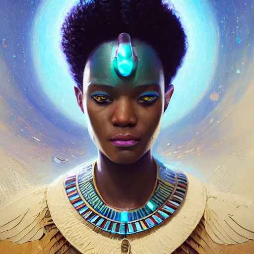 Prompt: highly detailed portrait of an african egyptian goddess, intricate alien technology, stephen bliss, unreal engine, fantasy art by greg rutkowski, loish, rhads, ferdinand knab, makoto shinkai and lois van baarle, ilya kuvshinov, rossdraws, tom bagshaw, global illumination, radiant light, detailed and intricate environment