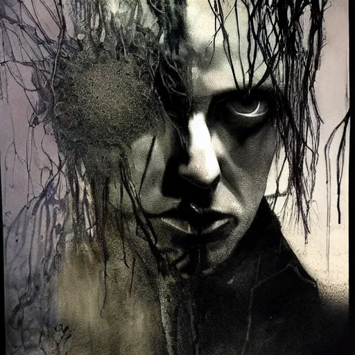 Image similar to stunning portrait of gaunt peter murphy a ( the cure fan ) as dream from sandman, dim stars as eyes, by jeremy mann, by cedric peyravernay, by by russ mills, by richard avedon and ben templesmith, dramatic lightning, sadness, dark eye sockets, in the shadows, punk rock, gothic, high detailed, 8 k