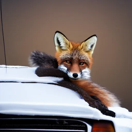 Prompt: curled up fox on a car's hood, award winning photography