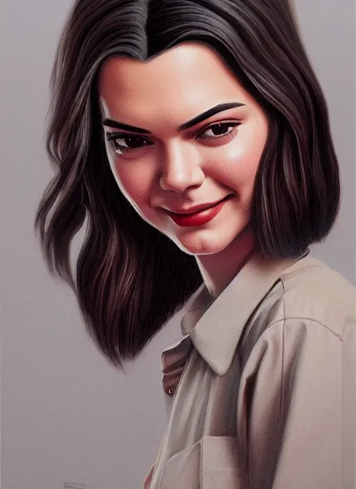 Image similar to twin peaks movie poster art, portrait of a smiling kendall jenner, from scene from twin peaks, clean, simple illustration, nostalgic, domestic, highly detailed, digital painting, artstation, concept art, smooth, sharp focus, illustration, artgerm, donato giancola, joseph christian leyendecker, wlop