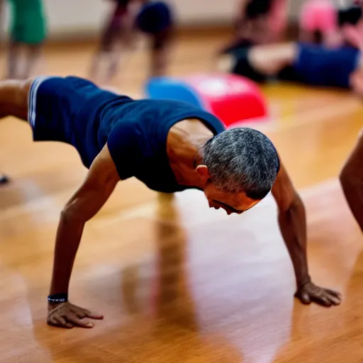 Prompt: Obama doing push-ups in a gymnasium, 40nm lens, shallow depth of field, 4k,