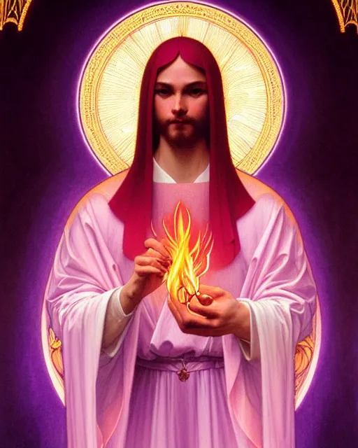 Prompt: symmetry portrait of saint germain holding a violet colored flame, intricate, elegant, highly detailed, digital painting, artstation, concept art, smooth, sharp focus, illustration, art by artgerm and greg rutkowski and fra angelico and alphons mucha