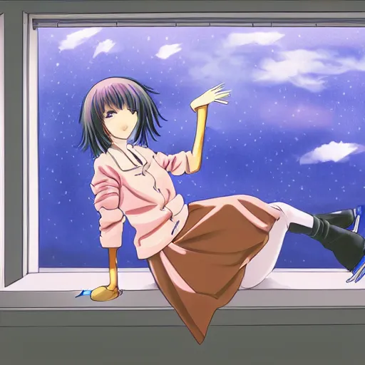 Prompt: anime girl with figure skater body sits on the windowsill by the window and looks at the rain outside the window, she is dressed in a jacket, skirt and socks