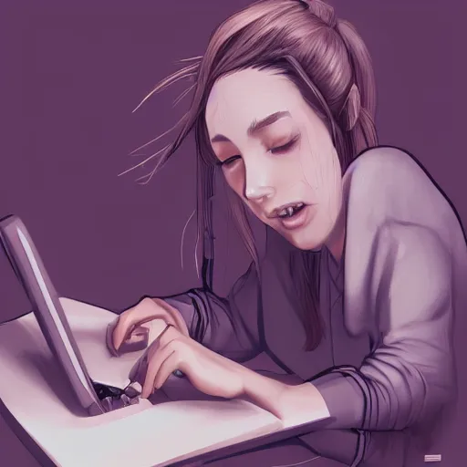 Image similar to tired girl in pyjamas working on computer, tired eyes, digital art, drawing, artstation