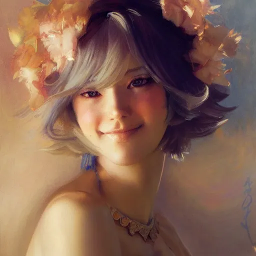 Prompt: a high fashion studio stunning portrait of a beautiful anime girl, smile, painting by gaston bussiere, craig mullins, j. c. leyendecker