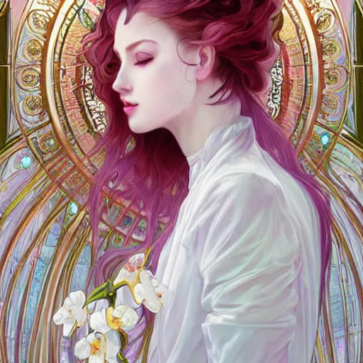 Image similar to a photograpic portrait of a anthropomorphic orchid wearing white clothes, iridescent colors, fantasy, intricate, elegant, highly detailed, digital painting, artstation, concept art, smooth, sharp focus, illustration, art by artgerm and H R Giger and alphonse mucha