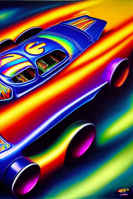 Image similar to a hyperrealistic detailed painting of a super futuristic iridescent halloween hotrod race car. cinematic lighting, depth perspective, depth of field, cinematic angle, by chris cunningham and richard corben, highly detailed, vivid color,