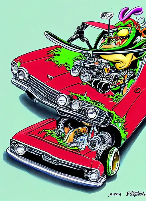 Image similar to rat fink driving his hot rod by ed big daddy roth