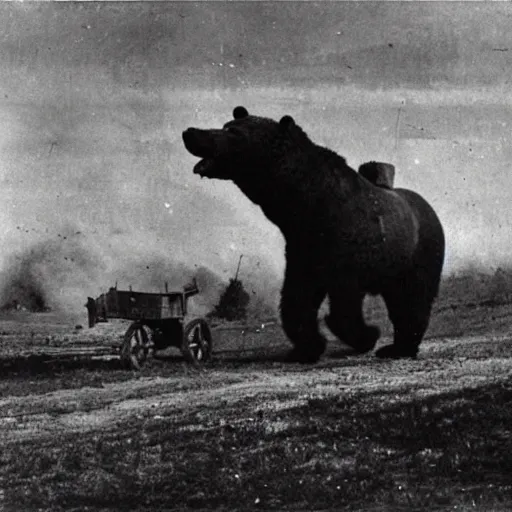 Prompt: a picture of a enormous bear pulling a towed artillery piece behind him like a horse, eastern front, historical picture