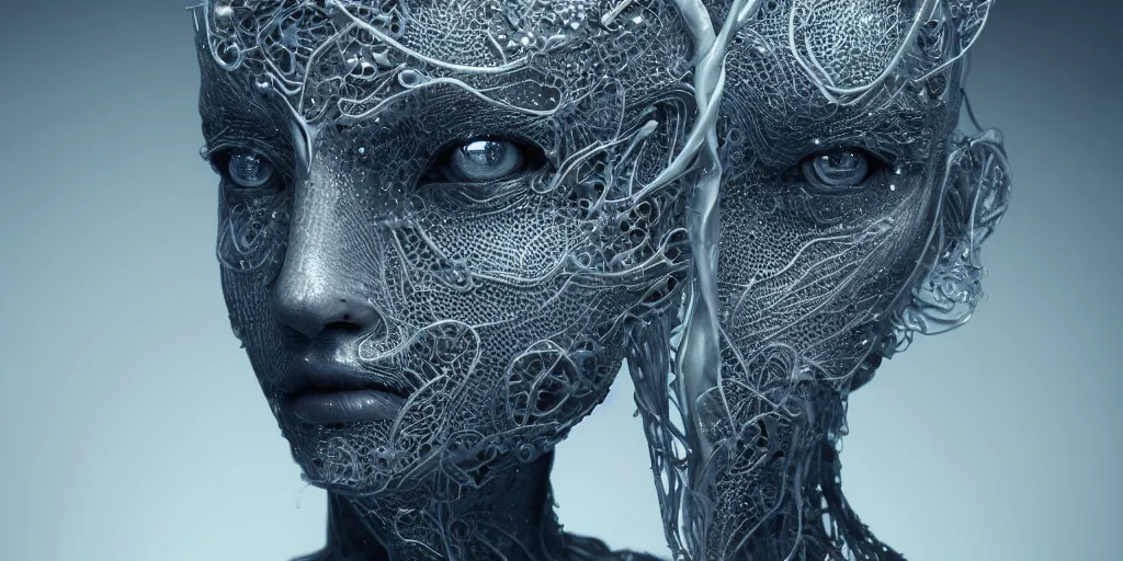 Image similar to realistic photography of a beautiful cyborg androgynous humanoid, holding close, in liquid, intricate filigree, in the style of beth cavener, jin kagetsu, wlop, highly detailed, symmetry, masterpiece, concept art, ringflash, highkey lighting, ambient lighting, octane render, 8 k, artstation