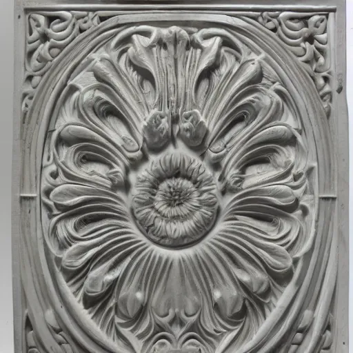 Prompt: highly detailed, ernst haeckel, carved soapstone relief paneling white and pale blue